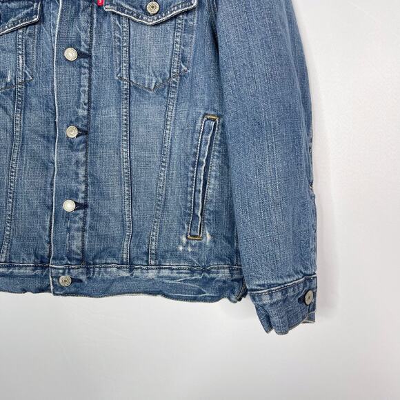 Levis Womens M Blue Sherpa Denim Trucker Jean Jacket Cream Cotton Button Front - Picture 4 of 9